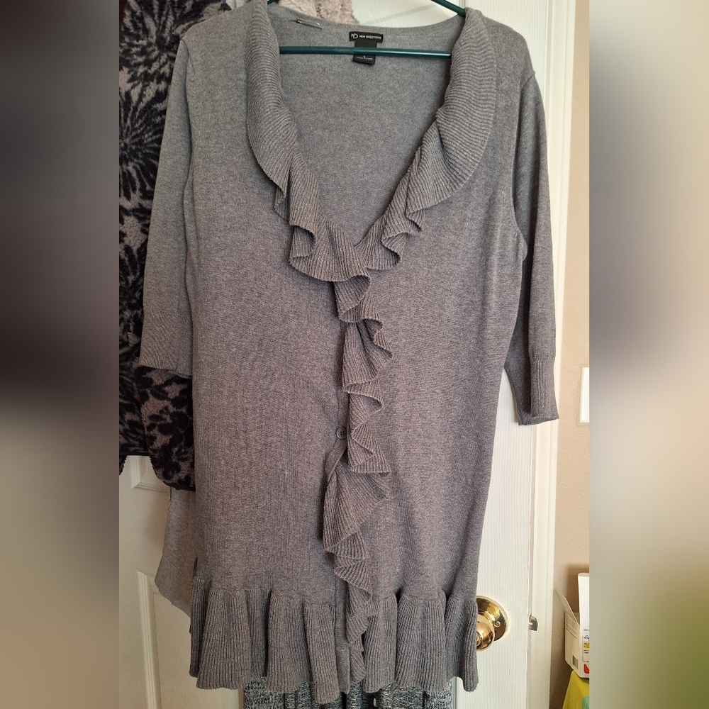 New Directions Long, Ruffled, Buttoned Cardigan - Picture 2 of 11